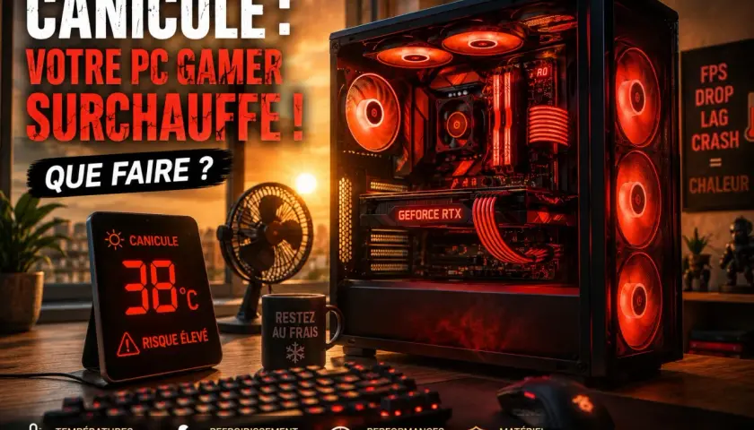 Un PC gamer rougeoyant surchauffe. Un thermomètre affiche 38°C. Conseils pour l'entretien de votre PC gamer en cas de canicule.
