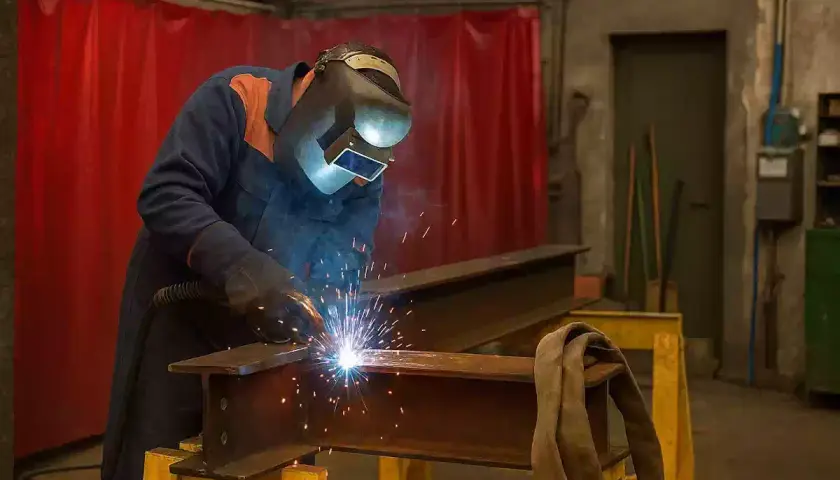 Spawacz w masce ochronnej pracuje przy stanowisku spawalniczym, tworząc jasny łuk elektryczny i iskry na metalowych belkach.