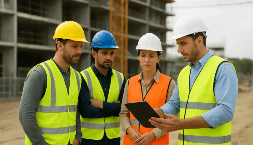 Équipe d'ingénieurs discutant sur un ged chantier, casques et gilets de sécurité, tablette à la main.