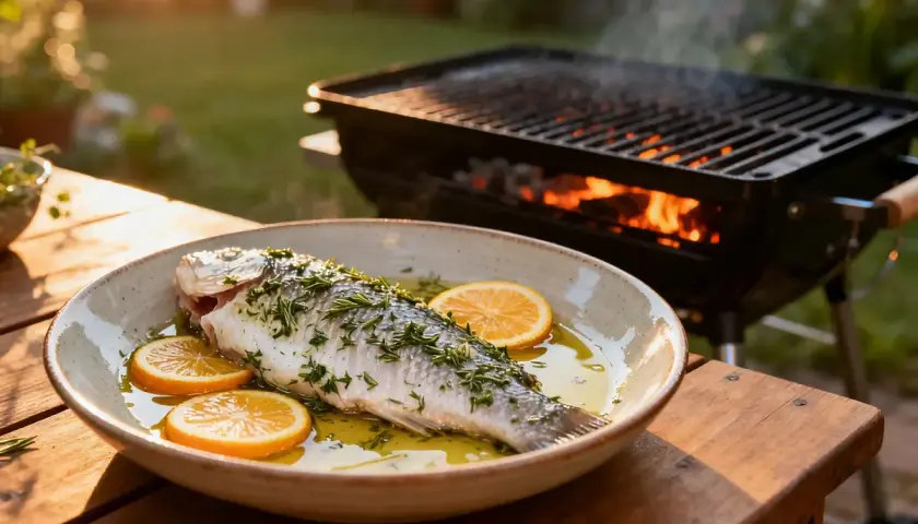 Poisson entier prêt pour le barbecue, baignant dans une marinade savoureuse avec des rondelles d'orange et des herbes. Le gril rougeoie en arrière-plan.
