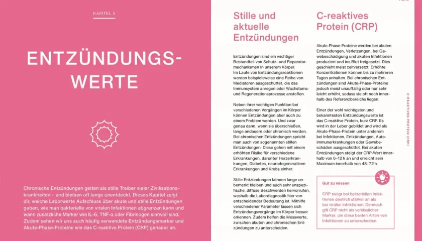 Kapitel 5 erklärt Entzündungswerte, darunter das C-reaktive Protein (CRP), ein wichtiges kleines Blutbild für Leberwerte und Entzündungen.