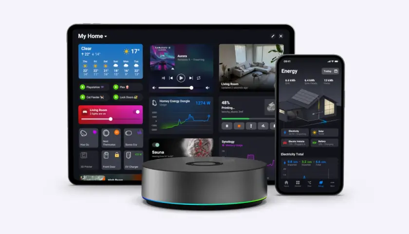 Dispositivo central para el hogar inteligente, mostrando cómo funciona Zigbee en una interfaz intuitiva de tablet y móvil.