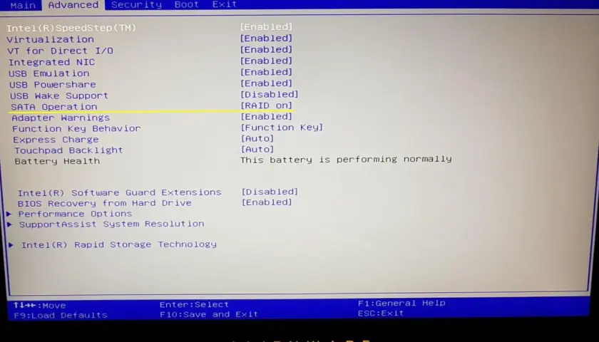 BIOS-Einstellungen zeigen SATA Operation auf RAID on, was für die Konfiguration von SATA-Geräten im RAID-Modus wichtig ist.