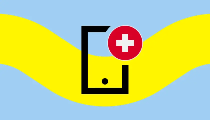 Symbol telefonu z czerwonym kółkiem i białym krzyżem, na tle falujących pasów żółtego i błękitnego. Idealny do opisu roamingu w UE.