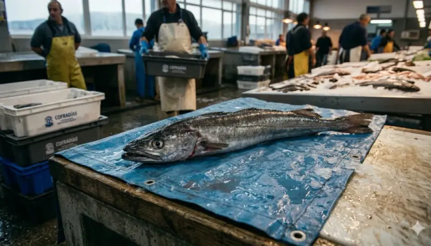 Un gran pez yace sobre un mantel azul en una lonja. Hombres con delantales trabajan en el fondo, rodeados de cajas y pescado fresco. La escena evoca la actividad de la enmalle pesca.