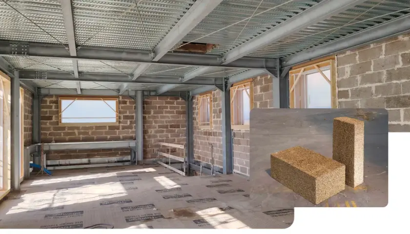 Costruzione in corso con struttura metallica e pareti in laterizio termico. In primo piano, blocchi di laterizio termico.
