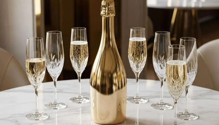 Une bouteille dorée de crémant entourée de verres pétillants. Combien de verre dans une bouteille de crémant ? 7 verres sont prêts à être remplis.