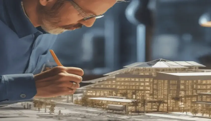 Architekt z ołówkiem pracuje nad modelem budynku.