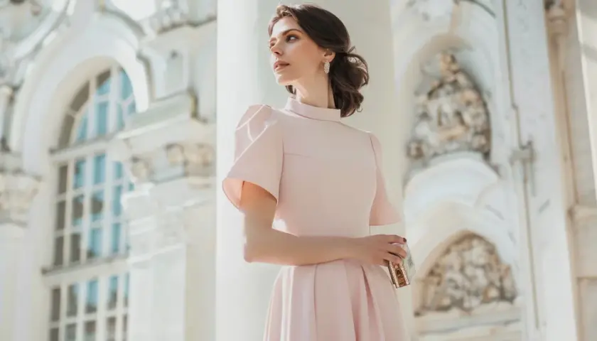 Kobieta w pastelowej sukience z bufkami, trzymająca kopertówkę, na tle eleganckiej architektury.