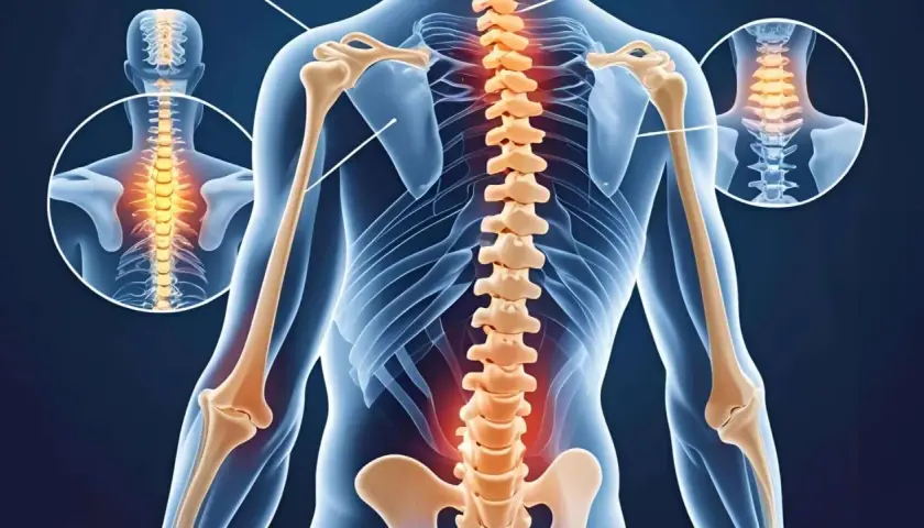 Anatomia człowieka z podświetlonym kręgosłupem, wskazującym na zwyrodnienie kręgosłupa. Widoczne zbliżenia na odcinek szyjny i lędźwiowy.