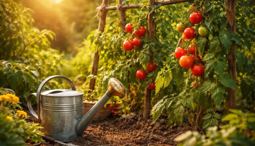 Sonnenbeschienene Tomatenpflanzen mit reifen Früchten, Gießkanne und Schaufel im Garten. Tomaten selber pflanzen macht Freude!