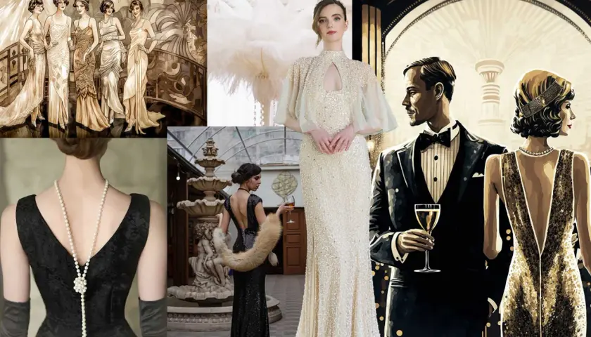 Elegant damer och herrar i 1920-tals kläder, med pärlhalsband, paljettklänningar och flugor. En tidlös stil som andas glamour.
