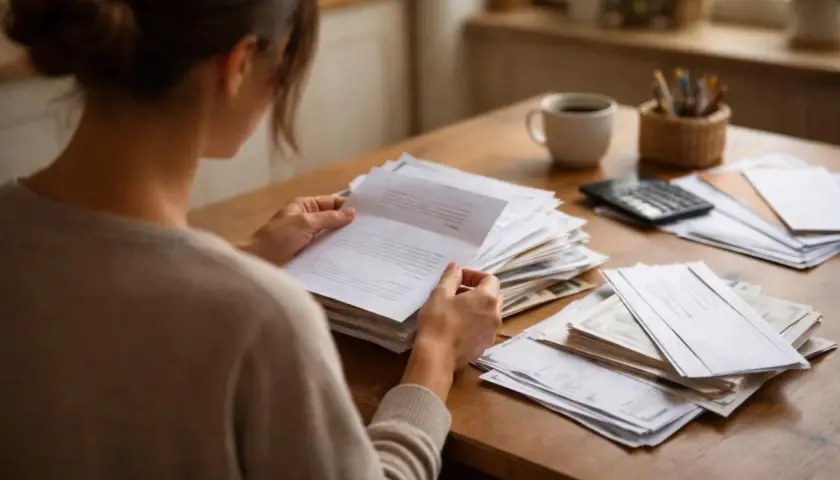 Une femme examine des documents, peut-être des factures ou des relevés, sur une table en bois. Une pile de papiers, une calculatrice et une tasse de café sont visibles. Elle semble préoccupée par la situation financière, craignant un possible forclos.
