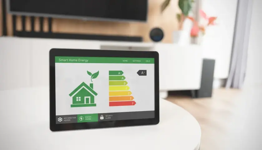 Tablet z aplikacją Smart Home Energy pokazuje skalę efektywności energetycznej, gdzie najniższa klasa energetyczna to F.
