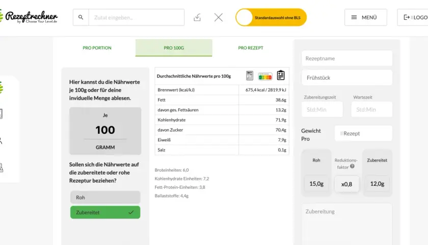 Nährwertangaben pro 100g für Frühstück, mit einem effektiven Anzahl von Bits zur Anzeige der Daten.