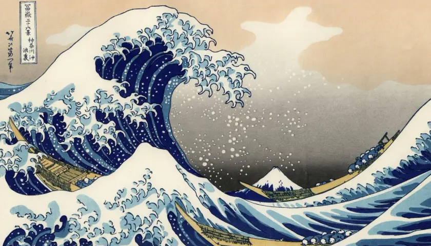 Berühmte Gemälde: Eine riesige Welle bricht über Boote, während der Berg Fuji in der Ferne sichtbar ist.