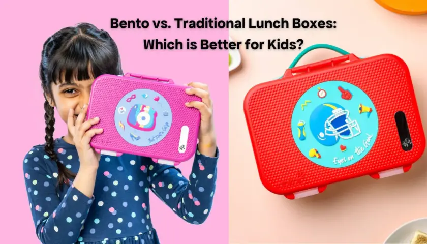 A girl holds a pink bento box with camera graphics. A red lunch box with a football helmet is beside it. Bento vs. lunch box comparison.