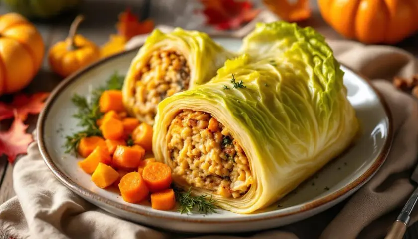 Deux roulés de chou farci, garniture savoureuse, servis avec des dés de carottes et des herbes. Une belle idée pour une recette chou farci d'automne.