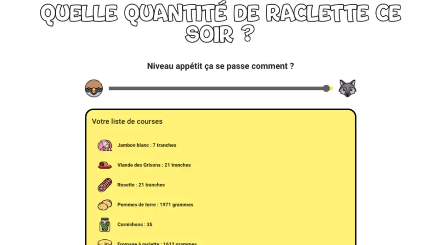 Liste de courses pour une raclette pour 15 personnes : jambon, viande, rosette, pommes de terre, cornichons et 1,6kg de fromage.