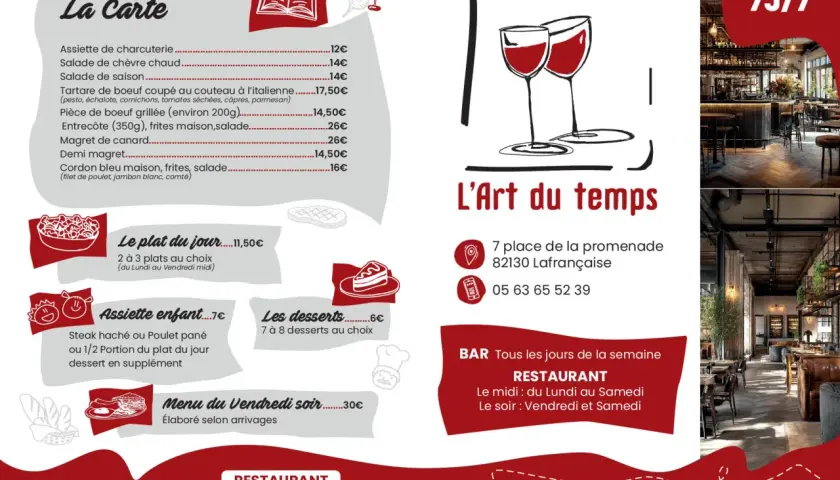 Voici comment présenter un menu : une carte avec des plats comme le magret de canard, le tartare de bœuf, et des formules comme le plat du jour ou le menu du vendredi soir.