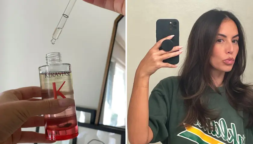 Duda sobre Kerastase opiniones negativas. Una mano sostiene un frasco de serum capilar Kérastase, mientras otra se toma un selfie con cabello largo y oscuro.