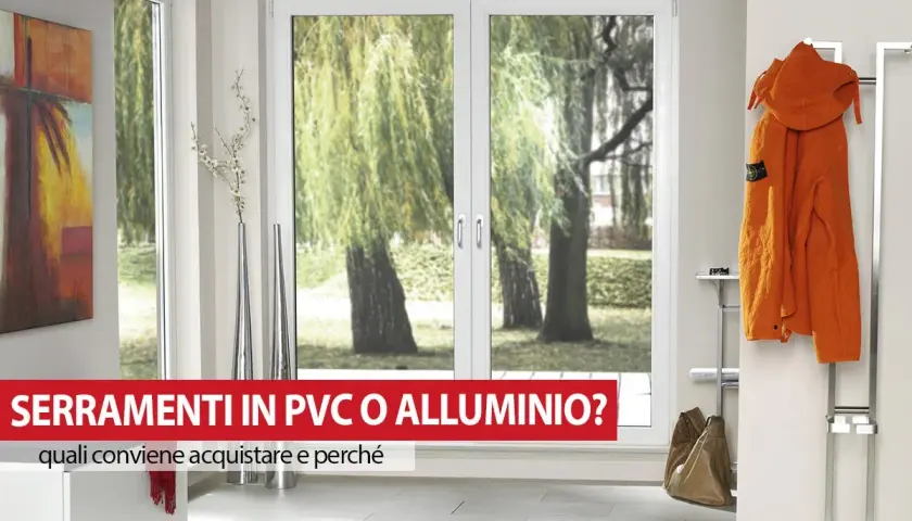Serramenti in PVC o alluminio? La scelta ideale per la tua casa, con un'elegante porta finestra che si affaccia su un giardino rigoglioso.