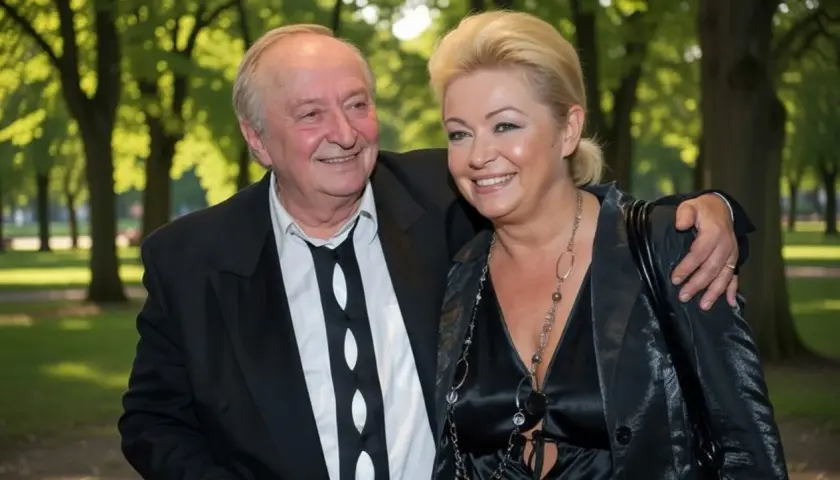 Uśmiechnięta para w eleganckich strojach na tle parku.