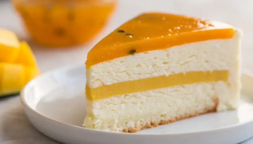 Pyszny deser z warstwami kremu i galaretką z mango, ozdobiony owocem marakui. Idealny na letnie popołudnie.