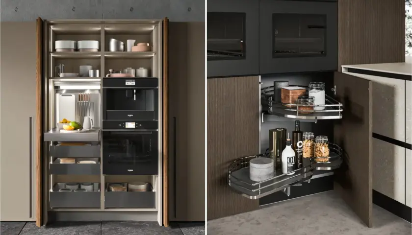 Moderna dispensa cucina in cartongesso con elettrodomestici integrati e pratici cestelli girevoli per organizzare al meglio.
