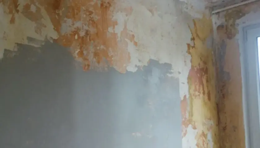 Ściana z odpryskującą starą farbą i nierówno nałożoną gładzią. Widać wyraźne błędy przy kładzeniu gładzi, tworzące nieestetyczne plamy i łuszczenie.