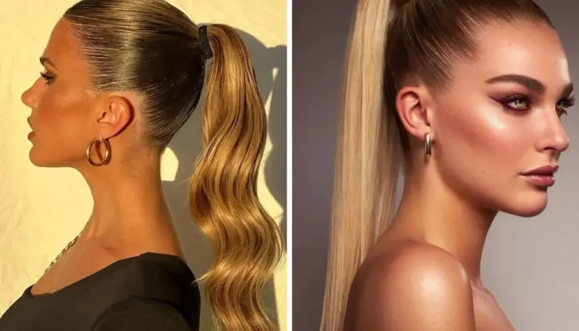 Coleta alta invitada boda: dos estilos pulidos y elegantes, uno con ondas suaves y otro liso y brillante.