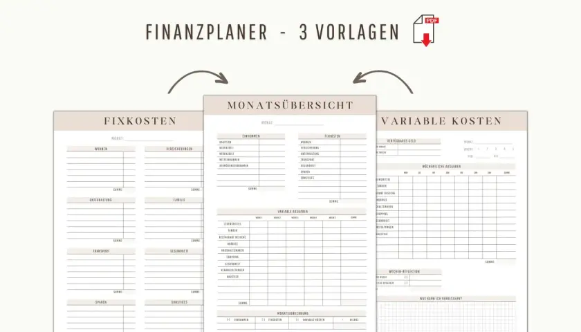 Ein Haushaltsbuch mit Vorlagen für Fixkosten, variable Ausgaben und Monatsübersicht. Hilft bei der Finanzplanung.