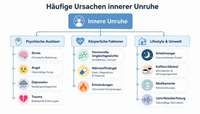 Ursachen für innere Unruhe: psychische Auslöser (Stress, Angst, Depression, Trauma), körperliche Faktoren (Hormone, Nährstoffe, Entzündungen) und Lifestyle (Schlaf, Koffein, Medikamente, Lärm).
