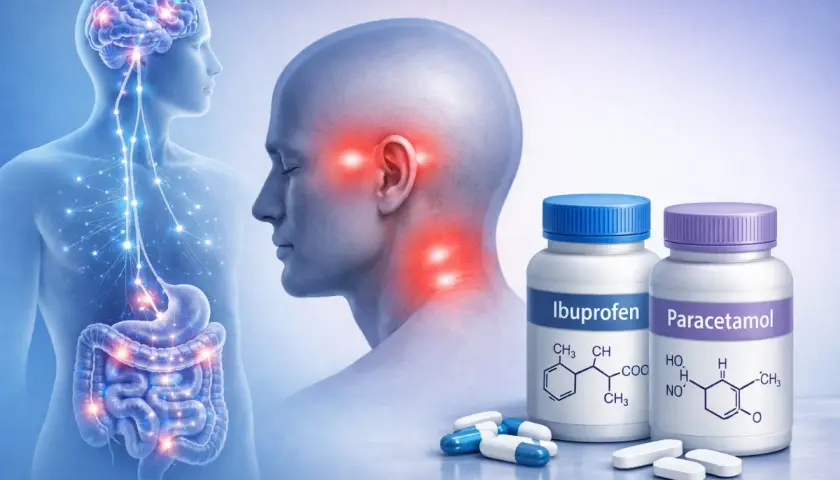 Cerebro y sistema nervioso con puntos de dolor en cabeza y cuello. Botellas de ibuprofeno o paracetamol para el dolor de cabeza.
