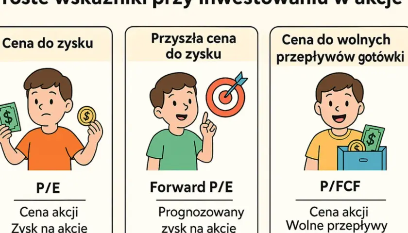 Ilustracja pokazuje wskaźniki inwestycyjne: P/E, Forward P/E i P/FCF. Dzieci trzymają pieniądze, symbolizując pkc, pcr, peg.