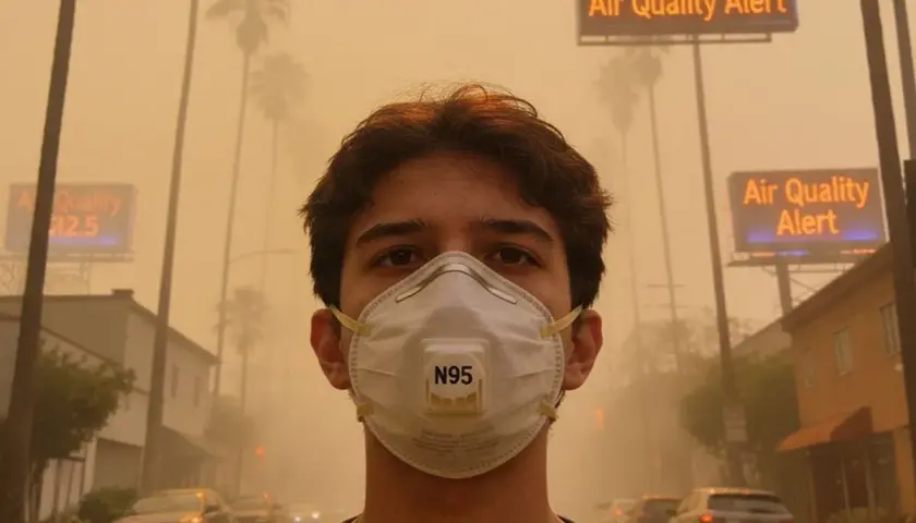 Joven con mascarilla N95 en día de alerta de calidad del aire. El **pm2.5 que es** un contaminante peligroso, se ve en el aire denso.