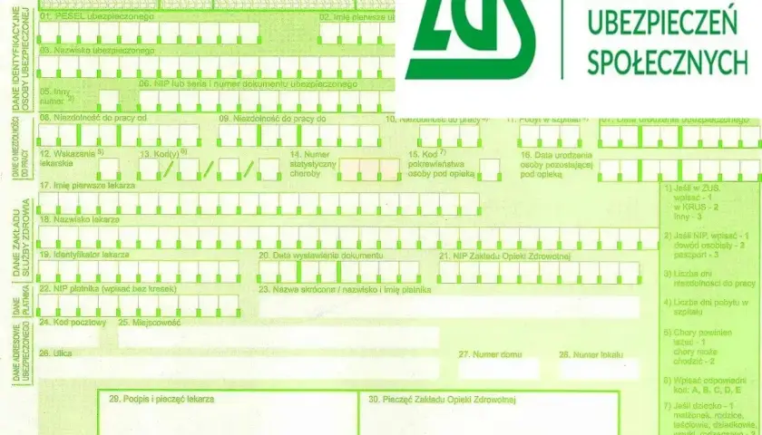 Formularz ZUS ZLA z zielonym logo ZUS i polami do wypełnienia.