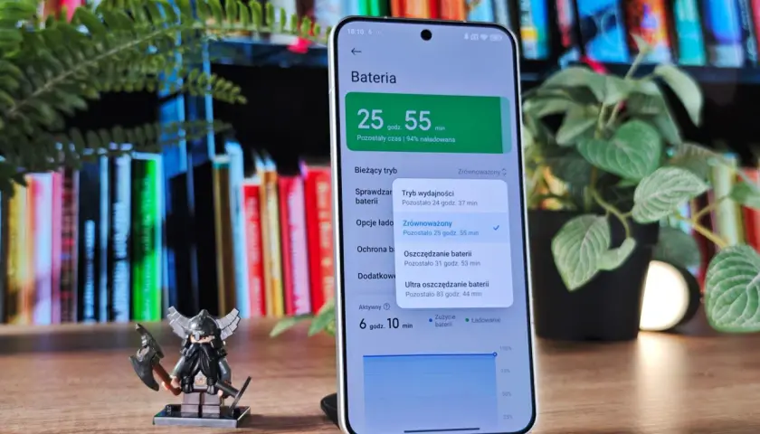 Jak sprawdzić kondycję baterii Xiaomi? Na ekranie telefonu widać menu "Bateria" z informacją o pozostałym czasie i poziomie naładowania.