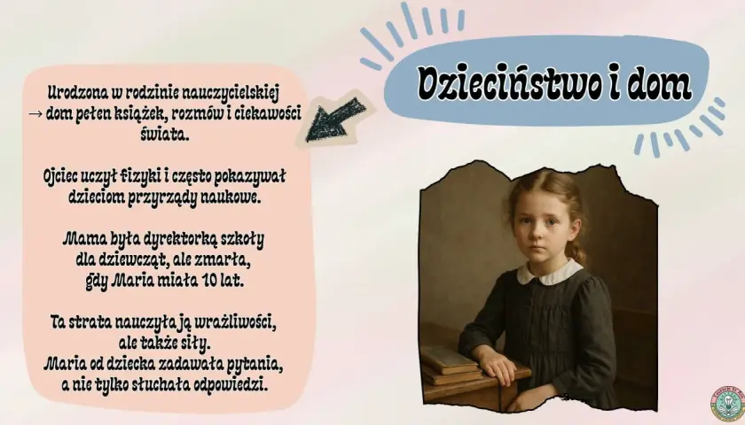 Portret młodej Marii Skłodowskiej w ciemnej sukience, siedzącej przy biurku z książkami.