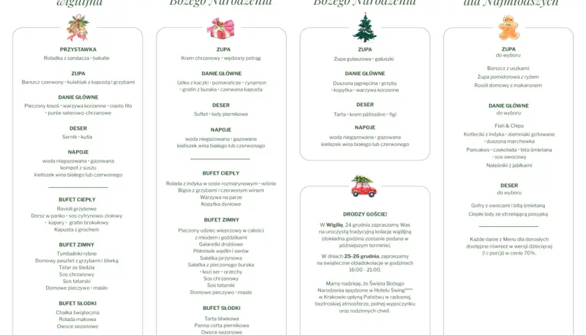 Menu świąteczne: kolacja wigilijna, I i II dzień Bożego Narodzenia, oraz menu dla dzieci. Sprawdź, ile kosztuje kolacja wigilijna w restauracji.