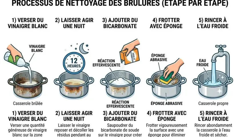 Nettoyer poêle tefal vinaigre blanc : étapes pour enlever les brûlures. Vinaigre blanc, laisser agir, bicarbonate, frotter, rincer.