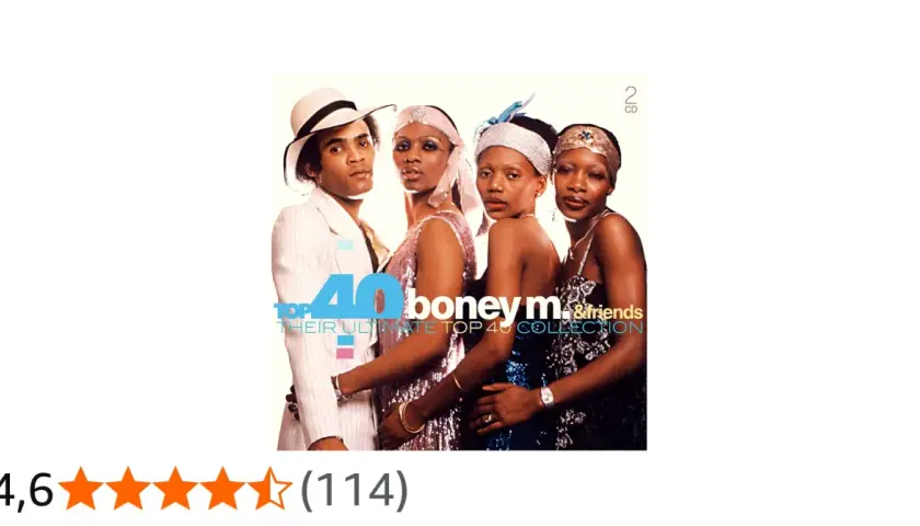Okładka albumu "Boney M. & Friends - Their Ultimate Top 40 Collection". Grupa prezentuje się w strojach z lat 70.