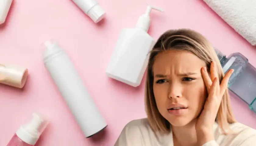 Mujer con expresión de duda rodeada de envases de cosméticos, algunos con diseño ondulado.