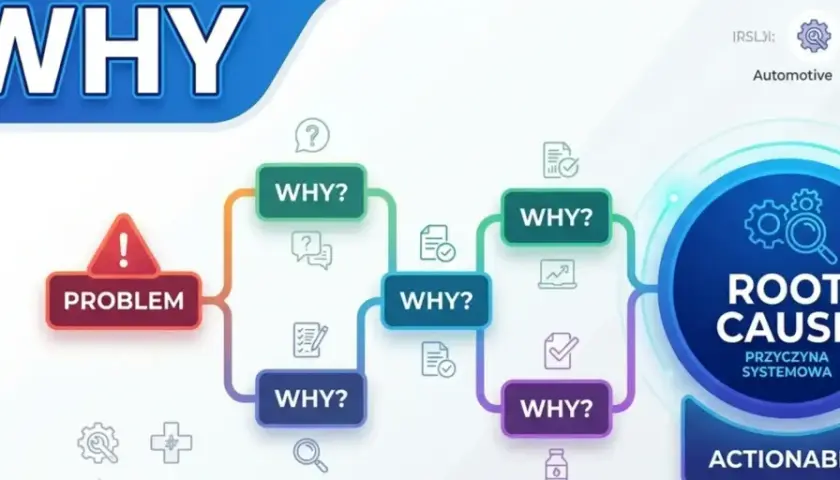 Metoda 5 why: od problemu do przyczyny systemowej. Schemat pokazuje kolejne pytania "dlaczego?" prowadzące do rozwiązania.