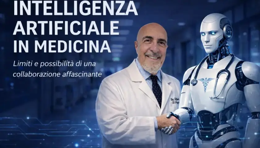 Un medico stringe la mano a un robot, simboleggiando l'intelligenza artificiale e medicina. Un futuro di collaborazione affascinante.
