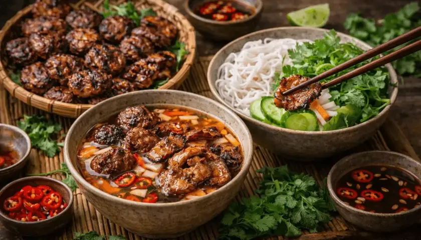 En skål med bun cha, grillat fläskkött i buljong, risnudlar, färska örter och chili. En utsökt vietnamesisk måltid.