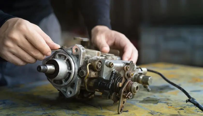 Man's hands work on a diesel injection pump. A mechanic's careful touch shows that it deserves to be fixed.