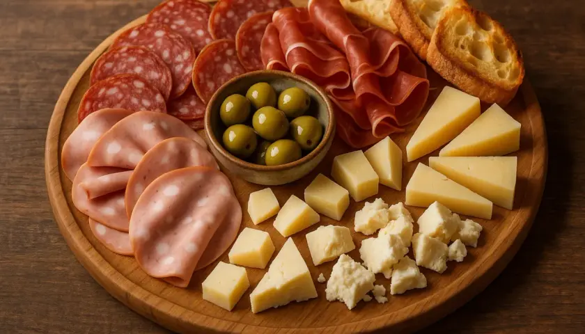 Un invitante tagliere salumi e formaggi con salame, prosciutto, mortadella, olive, formaggi misti e crostini.