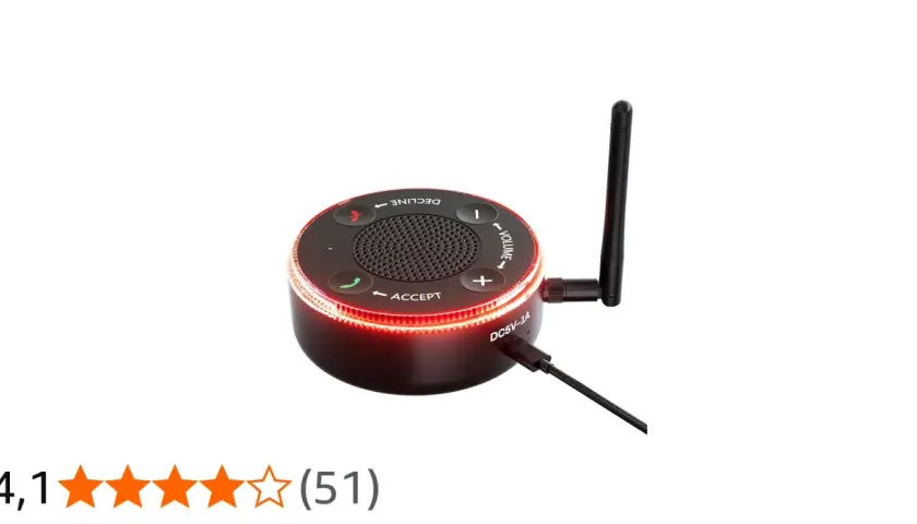 Runder Klingelverstärker für schwerhörige mit Tasten für Anrufannahme, Ablehnung und Lautstärke. Mit Antenne und roter LED-Beleuchtung.