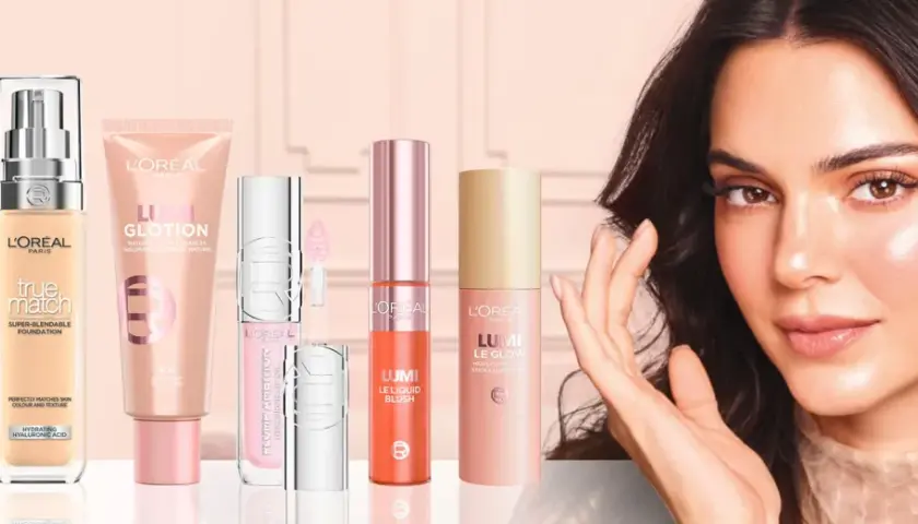 En kvinna med en strålande glow, omgiven av L'Oréal-produkter som True Match Nude, Lumi Glotion och Lumi Le Glow.
